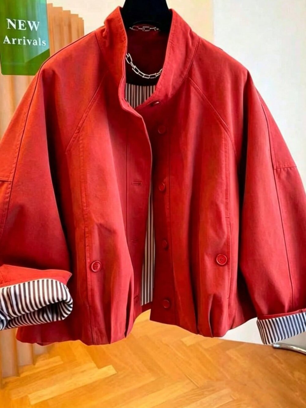 Bright Red Party Women's Loose Casual Striped Lining Short Coat